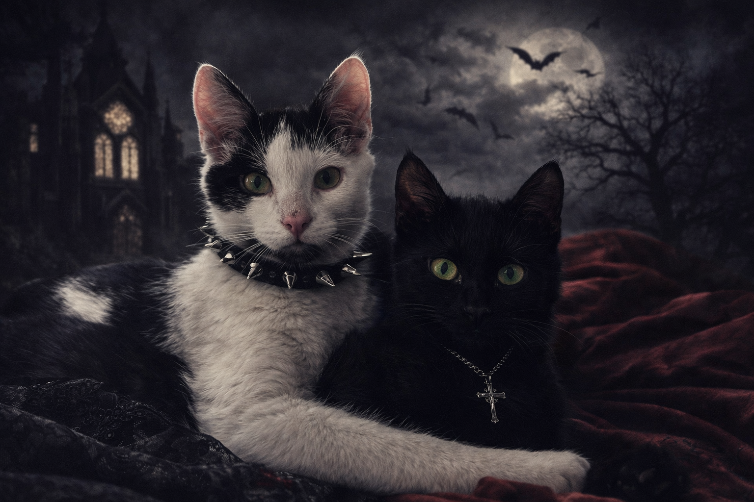 Das gleiche Bild KI verändert, die Katzen sind Gruft-Gothics mit Nietenkette und Kreuz, im Hintergrund eine düstere Atmosphäre.